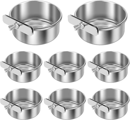 8 PCS Stainless Steel Bird Feeding Bowls, Bird Water Bowls with Clamp Holder, Parrot Food Dish Cups,Parrot Cage Coop Feeders for Cockatiels,Conure,Budgies,Finches,Parakeet and Similar Birds