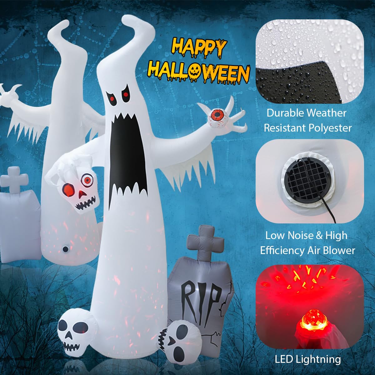HOPOCO 12 FT Halloween Inflatables Outdoor Halloween Blow Up Yard Decorations Horror White Ghost with 3 Skull Heads Bleeding Eyeball Tombstone Halloween Decorations Clearance for Party Yard Garden