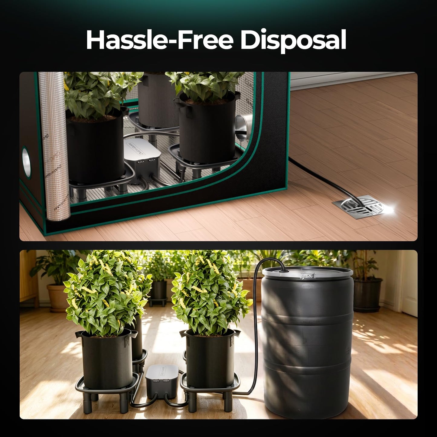 MARS HYDRO Auto Drainage System with Water Pump, 4 Elevated Runoff Trays & 4-Pack 5 Gallon Grow Bags, Plant Drainage Saucers for Indoor Plants Grow Tents