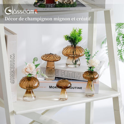 Glasseam Mushroom Plant Propagation Stations: Amber Glass Terrarium Jar Set of 5 Cute Planters for Indoor Plants Mini Propagate Station Unique Christmas Birthday Gifts for Women Home Office Decor
