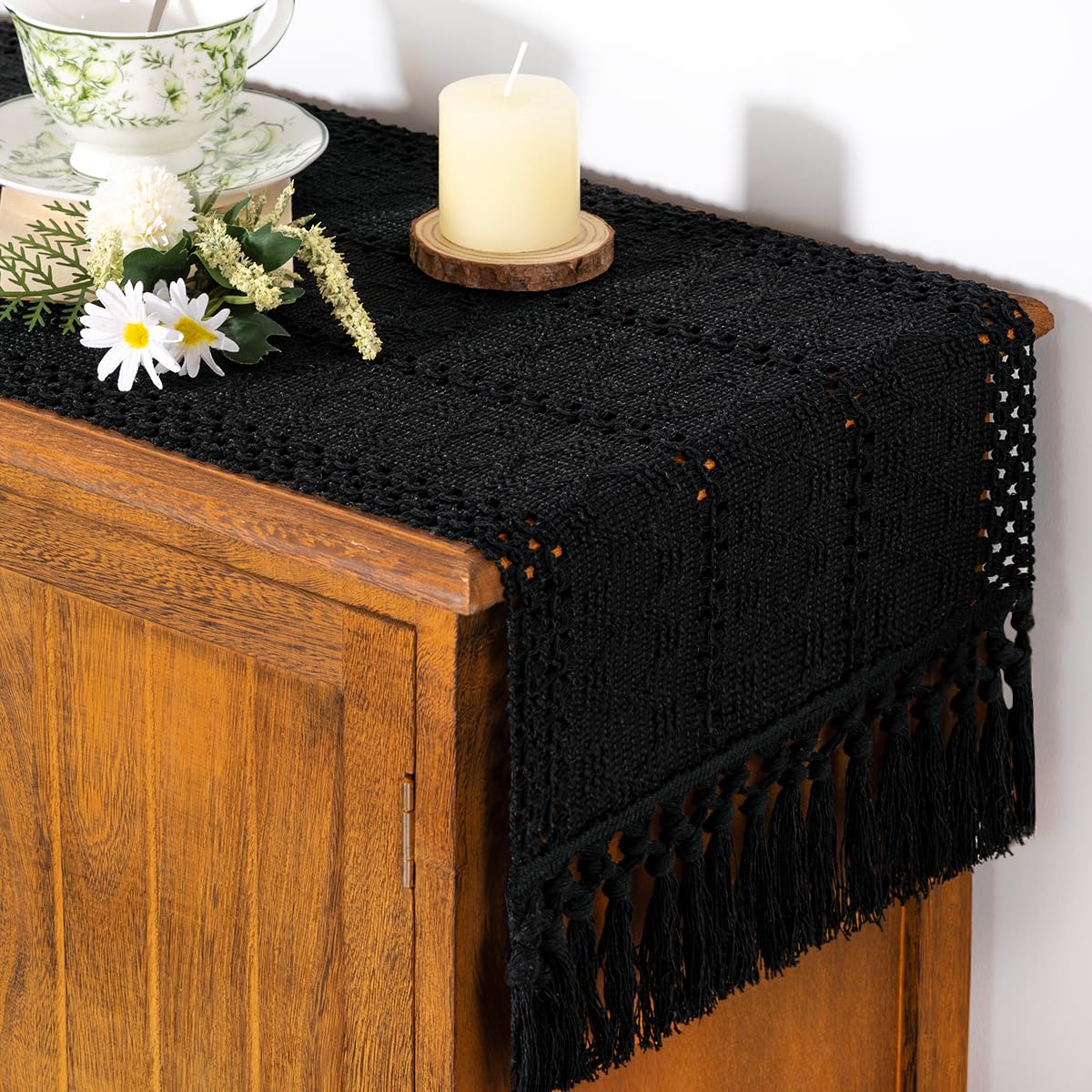 Socomi Boho Table Runner Summer Farmhouse Rustic Dining Kitchen Centerpiece Decor Small Macrame Woven Cotton Linen Coffee Table Runner for Dresser Scarf Home Decor 12x36 inch Black