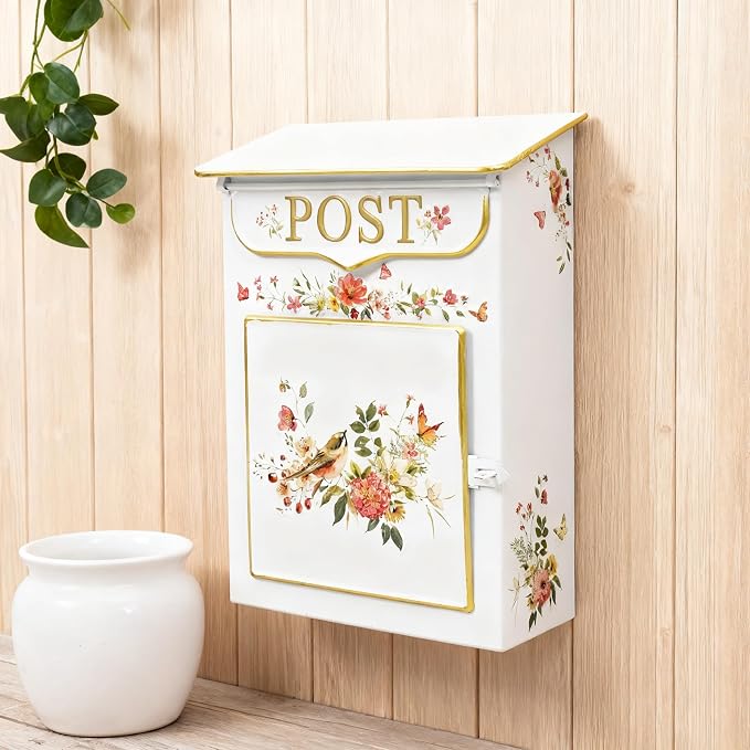 Mailbox Wall Mount Mailboxes for Outside Vintage Mail Boxes for House Outside Metal Drop Box Antique Style Nostalgic Charm Home Decorative, Flower Pattern White