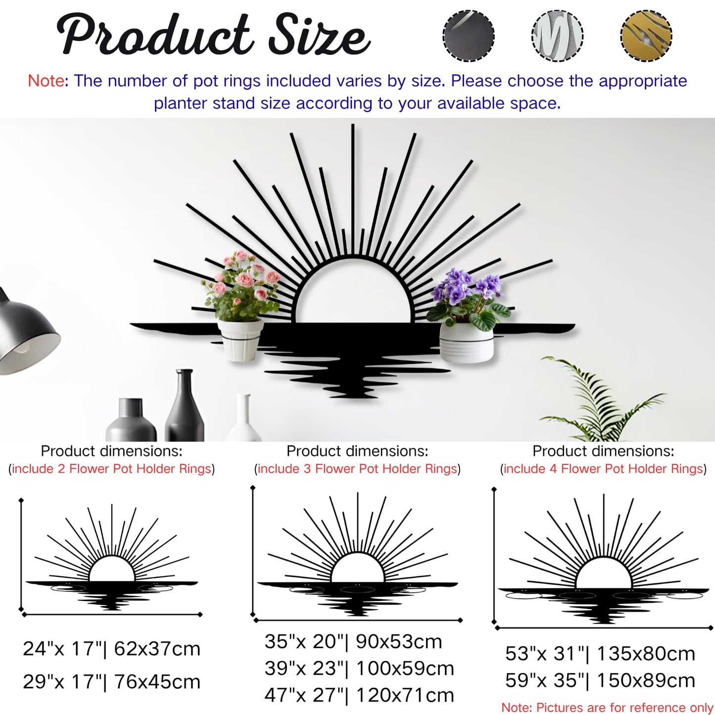 Glethua Sunrise Metal Wall Mount Plant Holder, Sun Wall Plant Holder, Sunshine Metal Hanging Planter for Living Room, Kitchen, Bathroom (Black, 59"x 35"| 150x89cm, 4 Pack 4" Flower Pot Holder Ring)