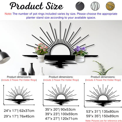 Glethua Sunrise Metal Wall Mount Plant Holder, Sun Wall Plant Holder, Sunshine Metal Hanging Planter for Living Room, Kitchen, Bathroom (Black, 59"x 35"| 150x89cm, 4 Pack 4" Flower Pot Holder Ring)