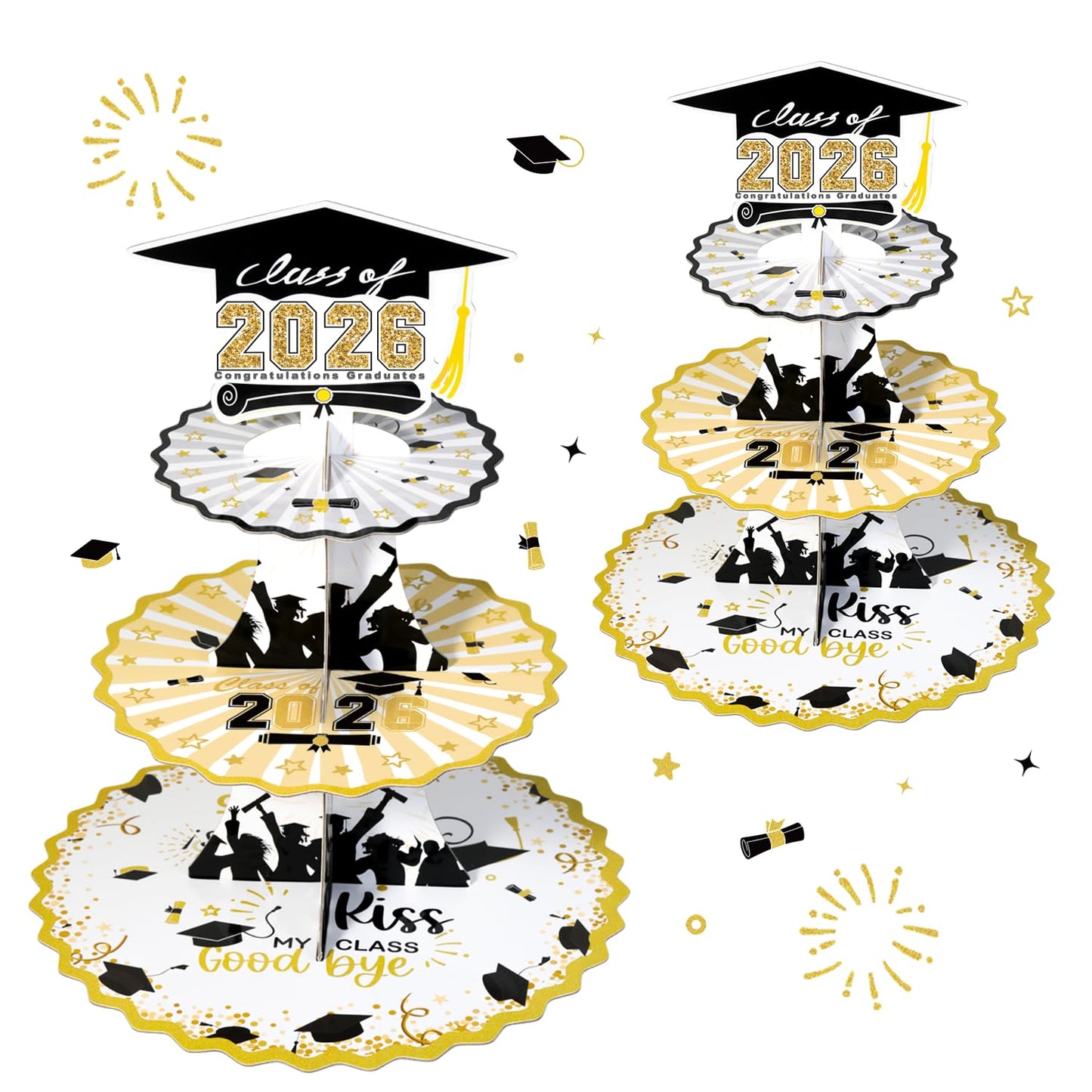 Crafterlife Set of 2 Graduation Cupcake Stand for 50 Cupcakes Black Gold Graduation Cap Decorations Cardboard Cake Dessert Holder Tower for Class of 2026 Congrats Grad Party Supplies