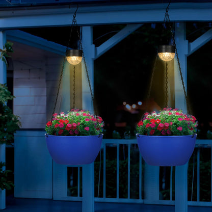 SUNNYPARK 2 Packs Hanging Planters Basket for Outdoor Plants, Solar Powered Self Watering Blue Round Plastic Flower Pots with Drainer for Balcony Patio Garden Outdoor Decoration