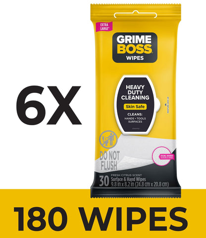 Grime Boss Heavy Duty Wipes (6 x 30ct) | Wet Wipes Used for Hands, Equipment, Tools, Garden, Automotive| Easily Removes Oil, Grease, & Dirt