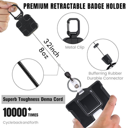 INDOULA Retractable Horizontal Badge Holder,Large ID Card Holder with 31.5" Retractable Reel and 4 Cards Slot(1 Pack,Black).