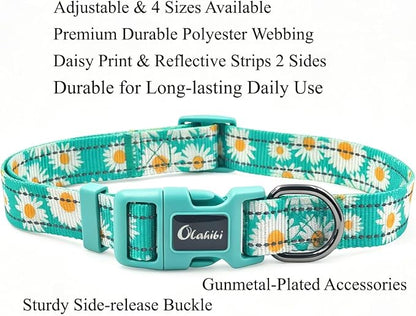 Dog Collar Leash Set, Floral Pattern, with Safety Reflective Strips, 5 ft Matching Leash, Neoprene Padded Handle, Adjustable 4 Sizes for Small Medium Large Dogs.(XS, Green Daisy)