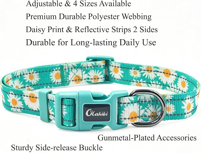 Dog Collar Leash Set, Floral Pattern, with Safety Reflective Strips, 5 ft Matching Leash, Neoprene Padded Handle, Adjustable 4 Sizes for Small Medium Large Dogs.(S, Green Daisy)