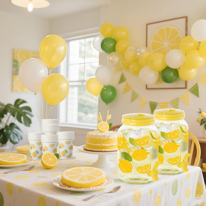 2 Piece Lemon Plastic Drink Dispenser and 40 Pcs Lemon Paper Party Cups 1 Gallon Iced Beverage Dispenser Tea Jar with Spigot and Carrying Lid Clear Dispenser for Lemonade Stand Lemon Juice Tea Beer