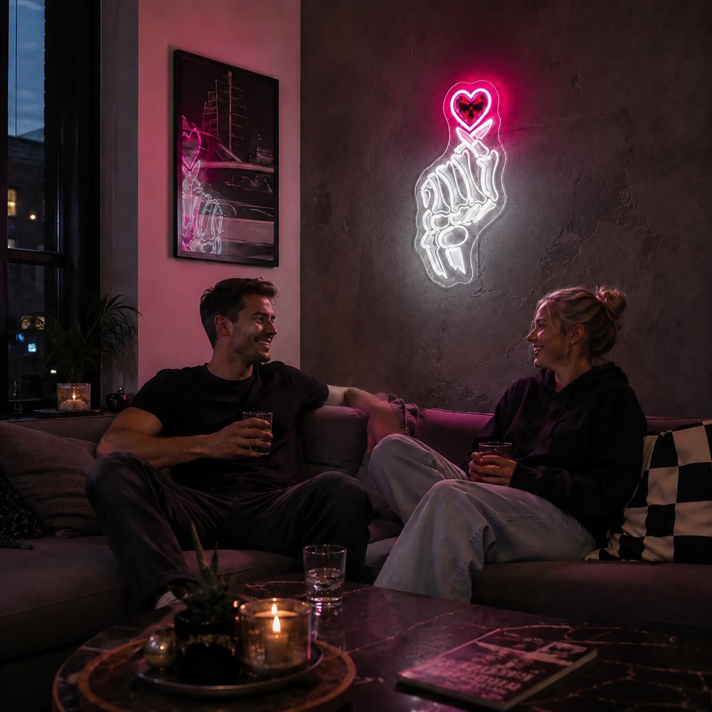 Whfobfe White&Pink Neon Sign Led Neon Lights Signs for Wall Decor USB Powered Led Signs for Room Decoration-Skeleton Finger Heart