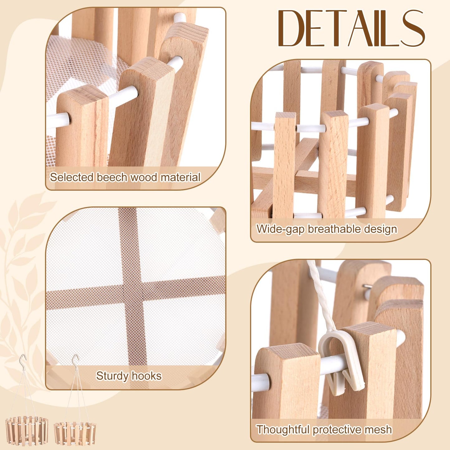 Yiyiring 2 Pcs Hanging Orchid Pots with Holes, Wooden Orchid Planter with Hangers, 8 & 10 Inch Rustic Specialist Pots for Vanda Oncidium Cattleya, Solid Beech Wood Slatted Basket
