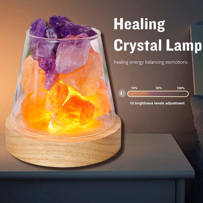 Runyangshi Healing Crystal Night Light Natural Himalayan Salt & Amethyst Raw Stones Aroma Diffuser USB Powered 3 Colour Adjustable Bedside Lamp for Bedroom Living Room Yoga Meditation Home Decor Gift