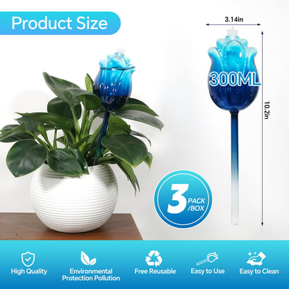 YEH-HOME Large Plant Watering Globes Set of 3-10 oz Indoor/Outdoor Large Self Watering Globes Planter Insert, for Mother/Father/Friend/Plant Enthusiasts (Blue Rose)