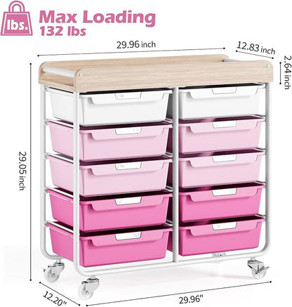 10 Drawers Rolling Cart with Wooden Tabletop, Utility Storage Cart with Wheels, Art Supply Craft Organizer on Wheel with Metal Frame & Handles for Home Office School,Pink