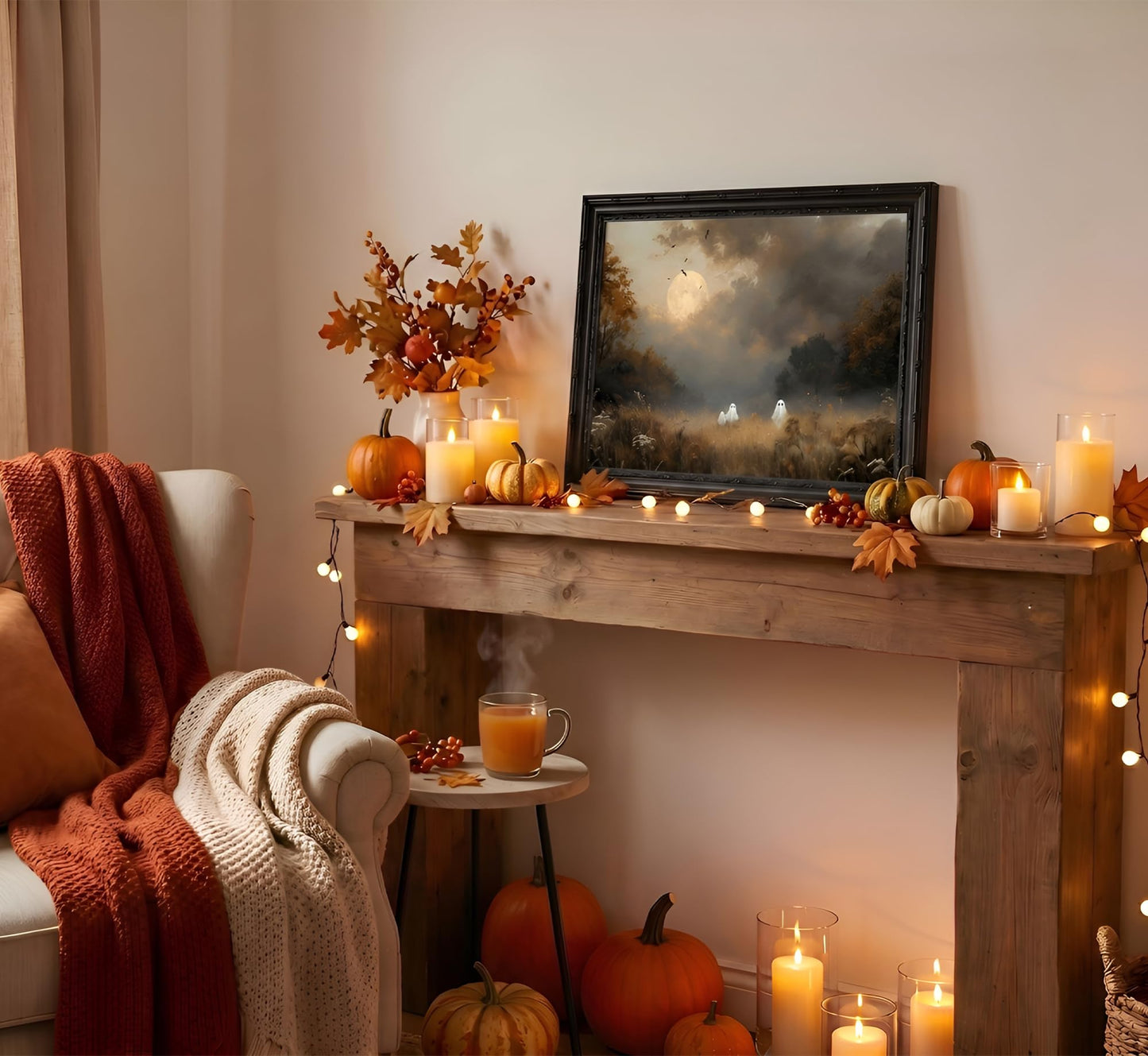 KYSNGMT Vintage Halloween Ghost Wall Art Moody Autumn Landscape Painting