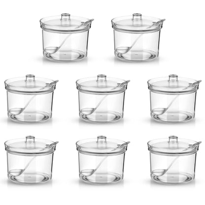 Dimeho 8 Pcs Clear Sugar Bowls Acrylic Salt Storage Jar with Lid and Spoon Organizer Condiment Holder Bottle Case for Kitchen Tea Spices Seasoning Restaurants Cocoa Bar