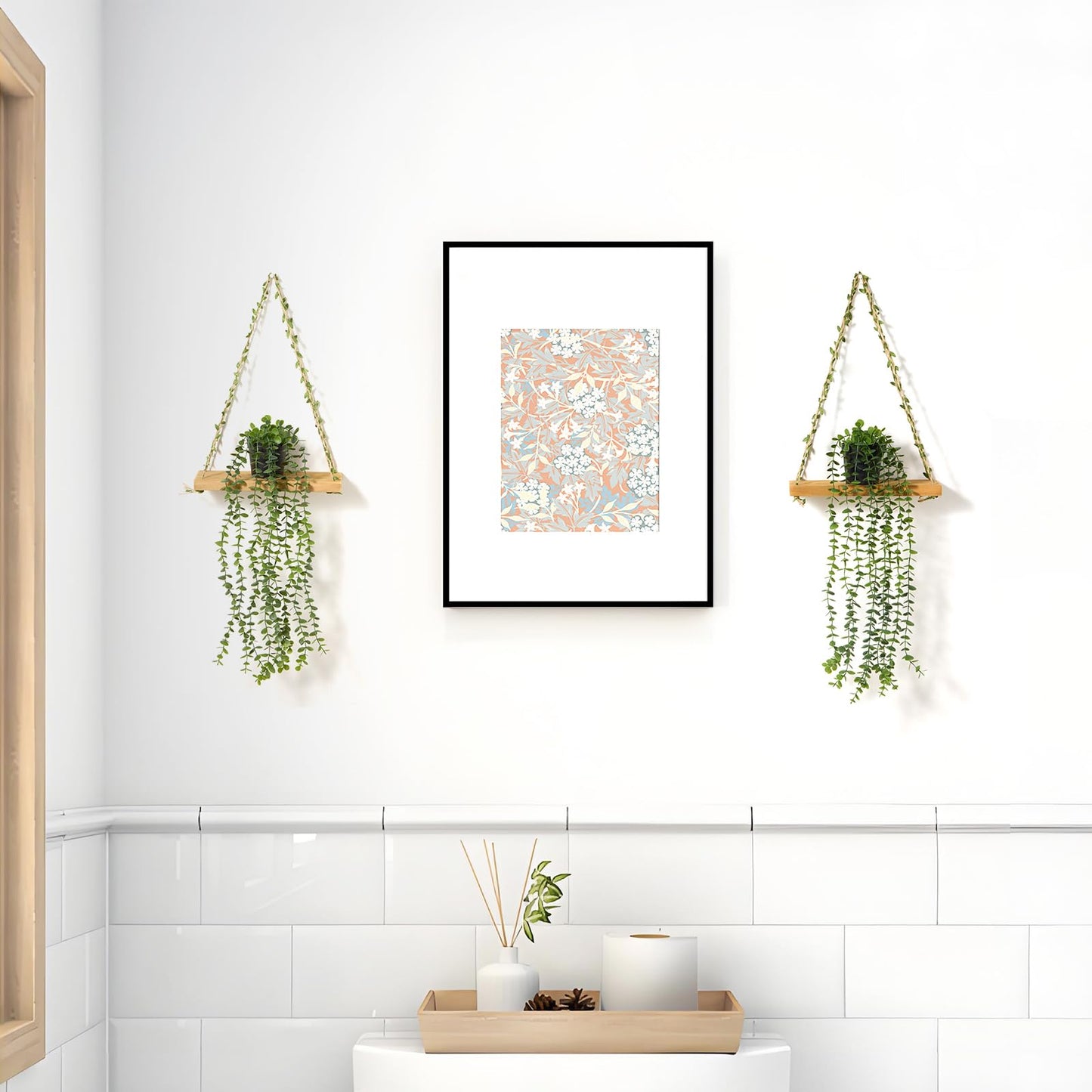Mokof 2 Pack Wooden Hanging Shelves with Artificial Eucalyptus Plants Wall Decor for Living Room, Bedroom, Bathroom - Fake Hanging Plant and Wood Wall Shelf Set for Boho Farmhouse Home Decor