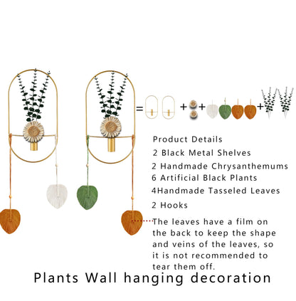 Black Plant Decor, Wall Mounted Metal Vase, Wall Mounted Metal Art for Living Room, Bedroom, Bathroom, Dining Room, Faux Plant Wall Decor (Large 2 Piece Set Gold)