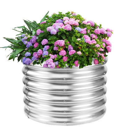 YSEJOMP 17" Tall Round Outdoor Garden Raised Garden Bed Kits-0.8MM Thick Metal Raised Planter Bed/Ground Planter Box for Variety of Flowers,Herbs,Vegetables,Trees (Silver, 24 Dia X 16.5 inches)