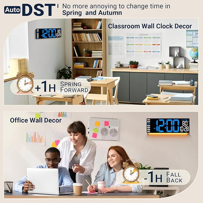 16.5" Large Digital Wall Clock with Remote Control, Auto-Dimming LED Display with Date Temp, Big Number Wall Mount Decor Clock for Seniors, Classroom, Dorm, Home, Office, Gym Blue