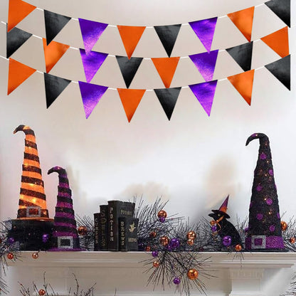 Zwiebeco 39Ft Black Orange Purple Glitter Fabric Bunting Banner Triangle Flags Hanging Cotton Pennant Banner for Birthday Wedding Engagement Halloween Theme Party Home Garden Decorations Supplies