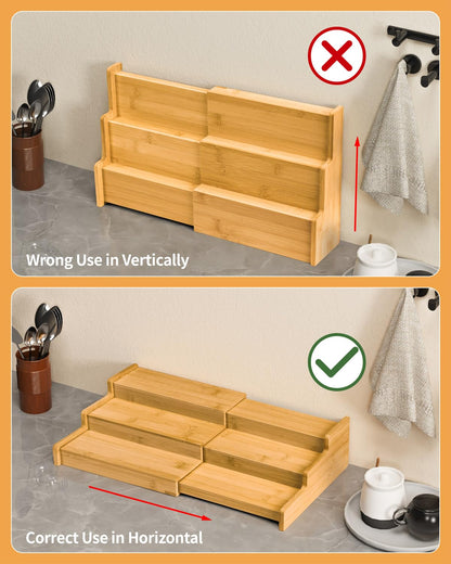 VenDotbi Spice Rack, 3-Tier Expandable Bamboo Spice Rack Organizer for Cabinet - Kitchen, Pantry and Cupboard Storage Organizer