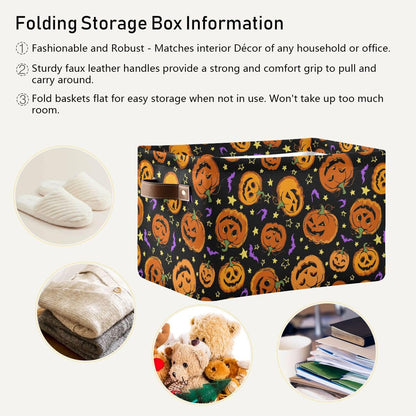 Halloween Pumpkin Spooky Storage Basket Fabric Kitchen Baskets Purple Bat Black Open Home Storage Bins Boxes Foldable Organizer Bag for Baby Cloth Pet Toy Book Shelf Closet Baskets 16×12×8 Inches