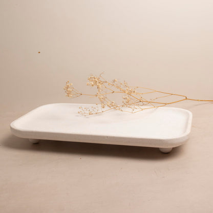 Travertine Marble Footed Tray in White Marble or Silver Travertine – Available in Two Sizes. (White, Large)