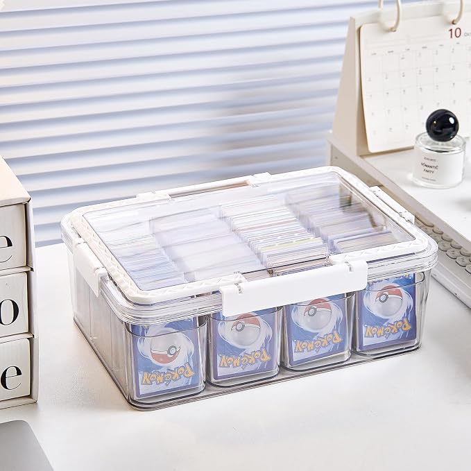 Portable Card storage box with 12 Removable Containers,Storage Box with lid for 2000+ Cards Fits for Standard Cards, TCG, PTG and Sport Cards, with 10 Soft Sleeves(clear,1pack)