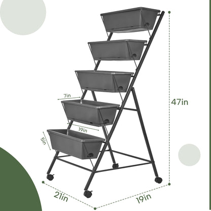 GENMOUS 5 Tier Raised Garden Bed Tall 45FT Vertical Elevated Garden Planter Standing Garden Bed Planter Box with Drainage Holes Removable Tray Outdoor Herb Planter Stand on Patio Balcony Porch Black