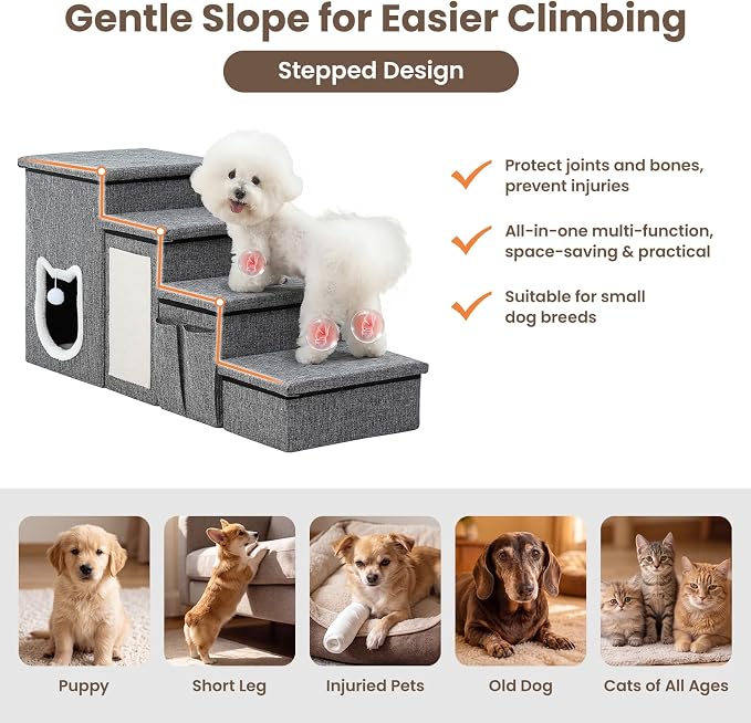 Pet Steps for Small Dogs, 4-Step Non-Slip Pet Stairs for Cats, Dog Stairs with Storage,Cat Stairs for Bed with Condo Cat Scratcher, Arthritis-Friendly, Grey