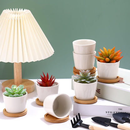 Hsei 24 Pack 2.5 Inch Mini Succulent Plant Pots Small Ceramic Flower Pot with Bamboo Tray Garden Cactus Herb Container Home Office Decoration for Birthday Mother's Day Wedding Favor Gifts (White)