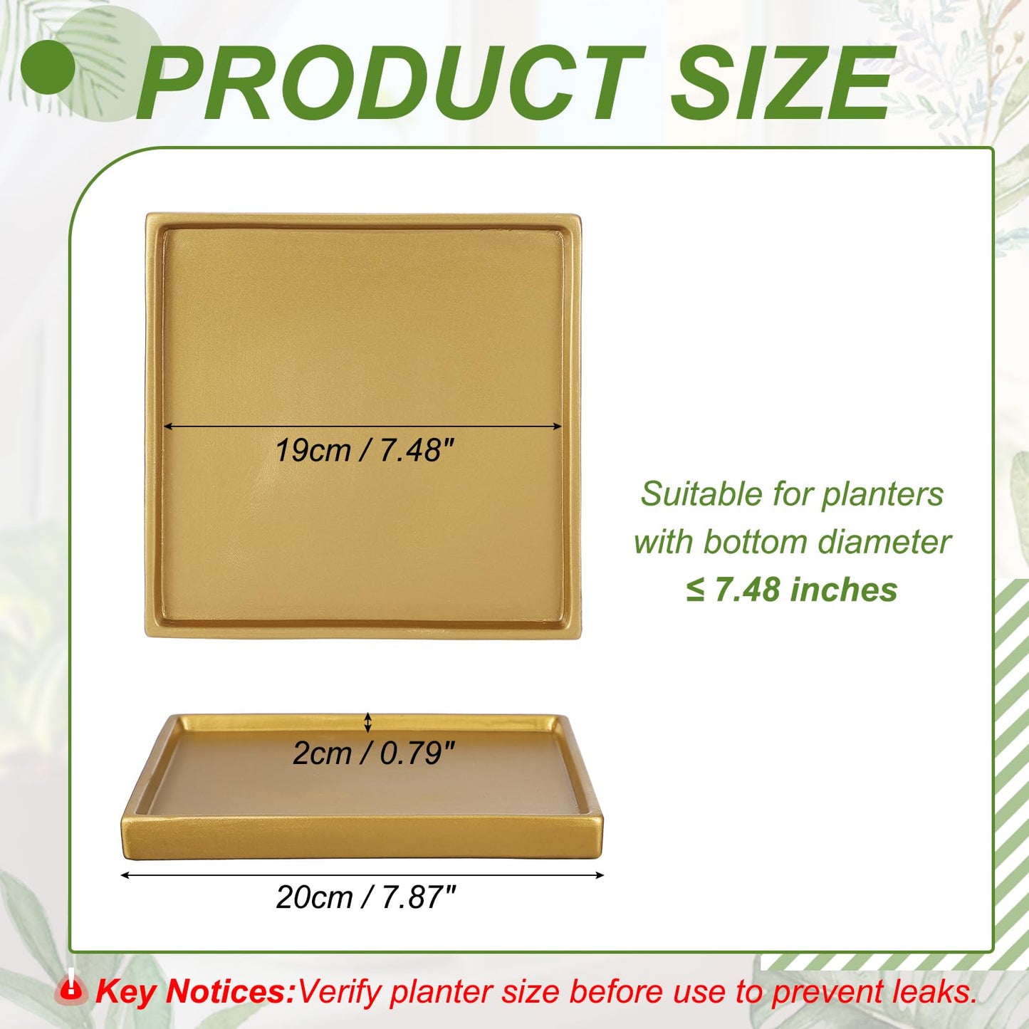YELARXI 7.5 Inch Ceramic Plant Saucers, Square Flower Planter Water Trays Ceramic Plant Saucer Pot Tray -Fitting for (Outdoor/Indoors/Garden/Planting/Water/Flower/Coffee) Gold