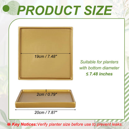YELARXI 7.5 Inch Ceramic Plant Saucers, Square Flower Planter Water Trays Ceramic Plant Saucer Pot Tray -Fitting for (Outdoor/Indoors/Garden/Planting/Water/Flower/Coffee) Gold