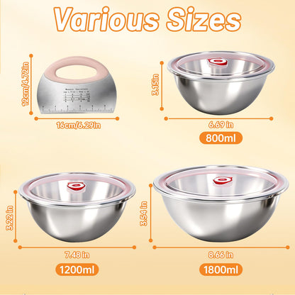 NOELNEXUS 3 PCS Pizza Dough Proofing Container Set, 27oz/40oz/60oz 304 Stackable Stainless Steel Proofing Box with Clear Lid, Includes Dough Scraper, Ideal for Bulk Fermentation of Sourdough & Bread