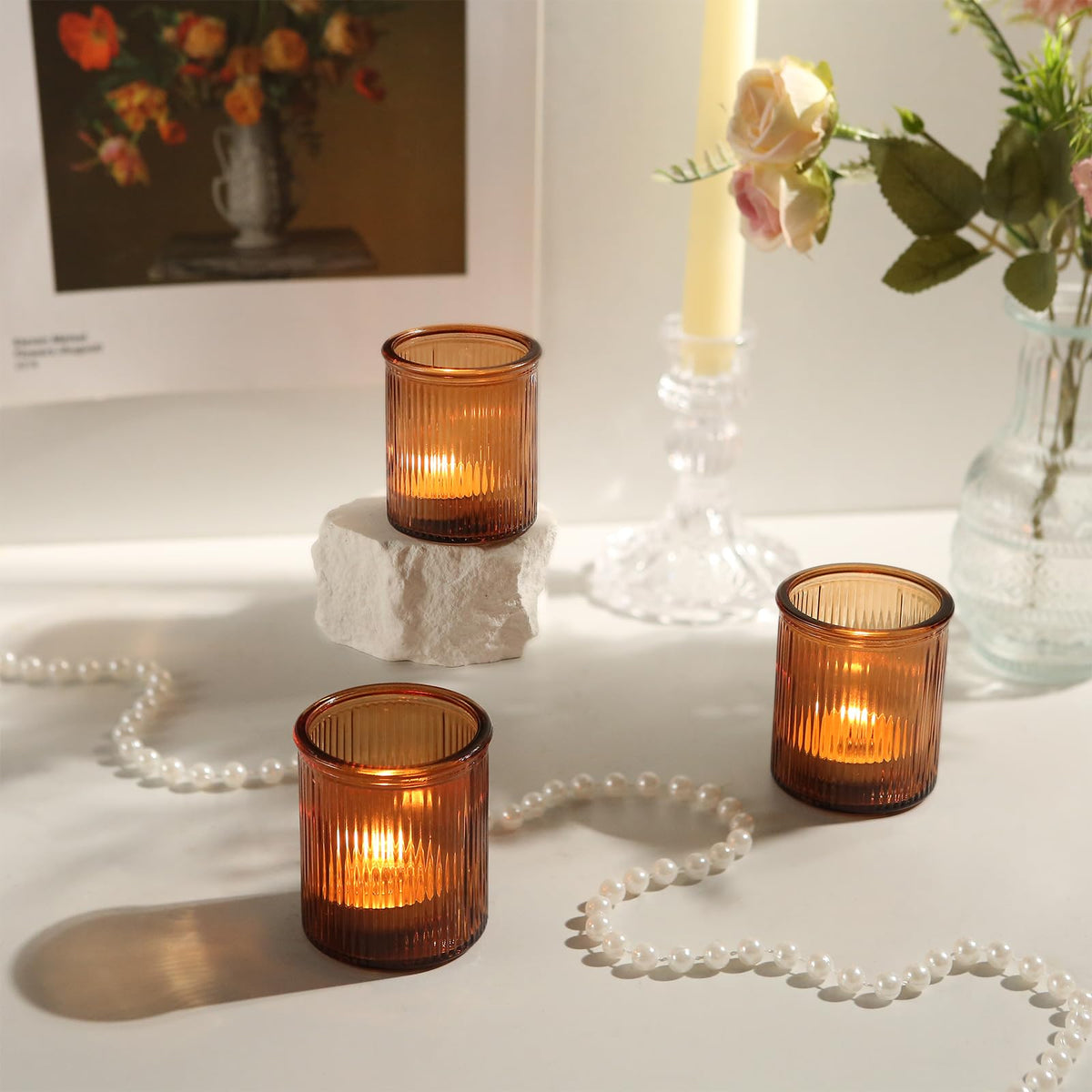 36pcs Amber Votive Candle Holders, Ribbed Glass Tea Light Candle Holder, Candle Votives for Wedding Centerpiece & Home Decor