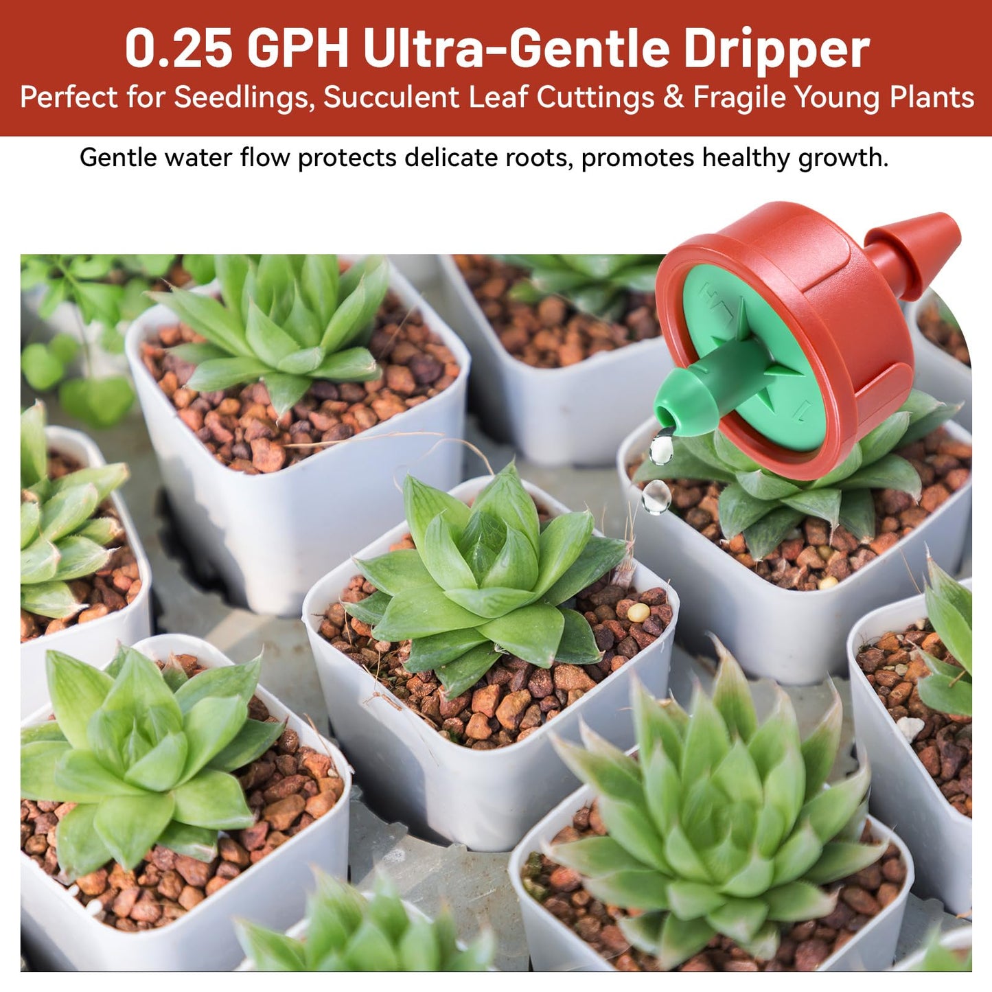 100 PCS 0.25 GPH Pressure Compensating Drip Irrigation Spot Watering Drippers/Emitters, Anti-Clog Self-Cleaning Drip Irrigation Emitters Heads Irrigation Drippers Parts for Seedlings, Mini Gardens
