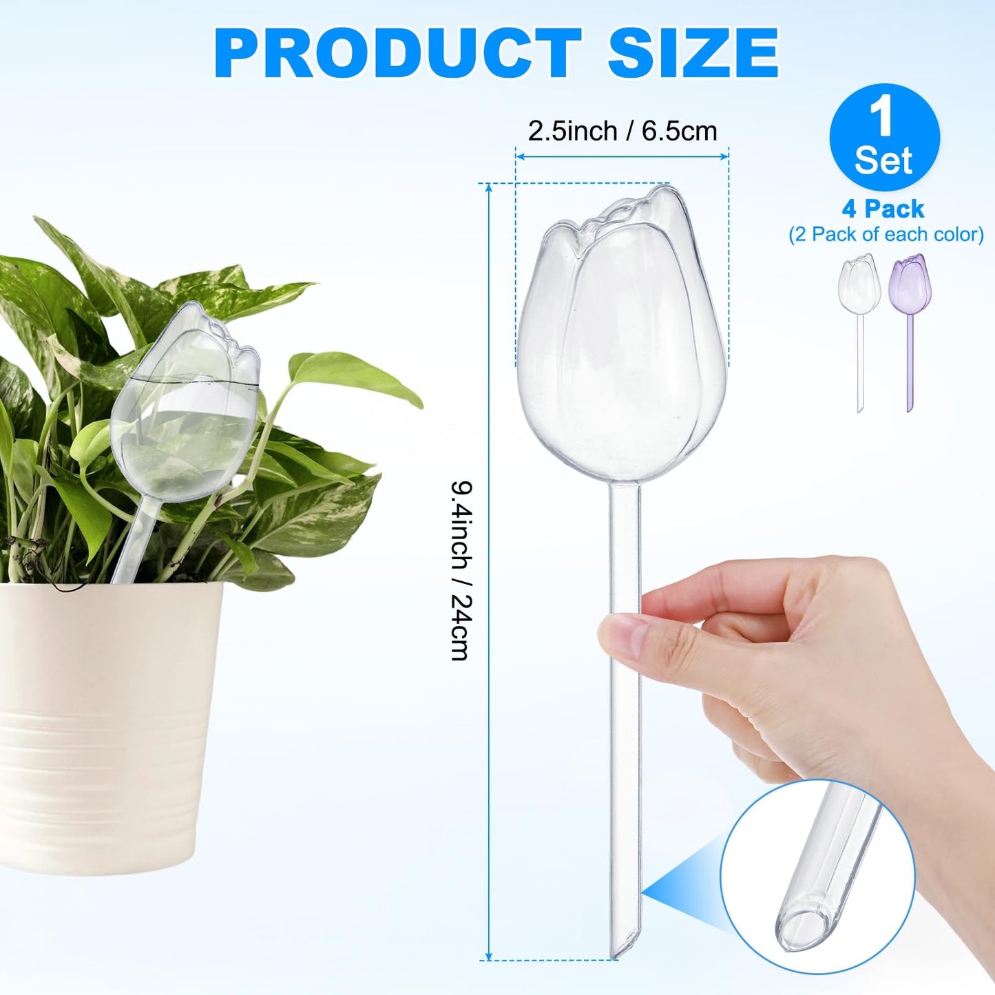 M METERXITY 4-Pack Plant Watering Globes, 9.4 Inch Plastic Self Watering Planter Insert for Indoor/Outdoor Plants, Self Water Devices [Transparent/Purple]