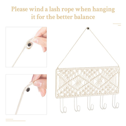 Mkono Key Holder for Wall Decorative Small Macrame Key Holder Boho Home Decor and Hanging Jewelry Organizer Wall Mounted Metal Necklace Holder Wood Shelf with 55 Holes and 7 Hooks Display Rack