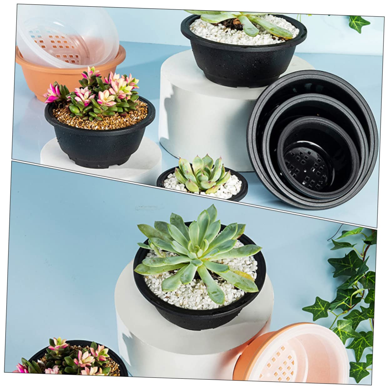 KONTONTY 6.10 Inch Shallow Plastic Succulent Planter Set of 6 Hollow Bottom Lightweight Flower Pots for Indoor Outdoor Gardening and Plant Containers