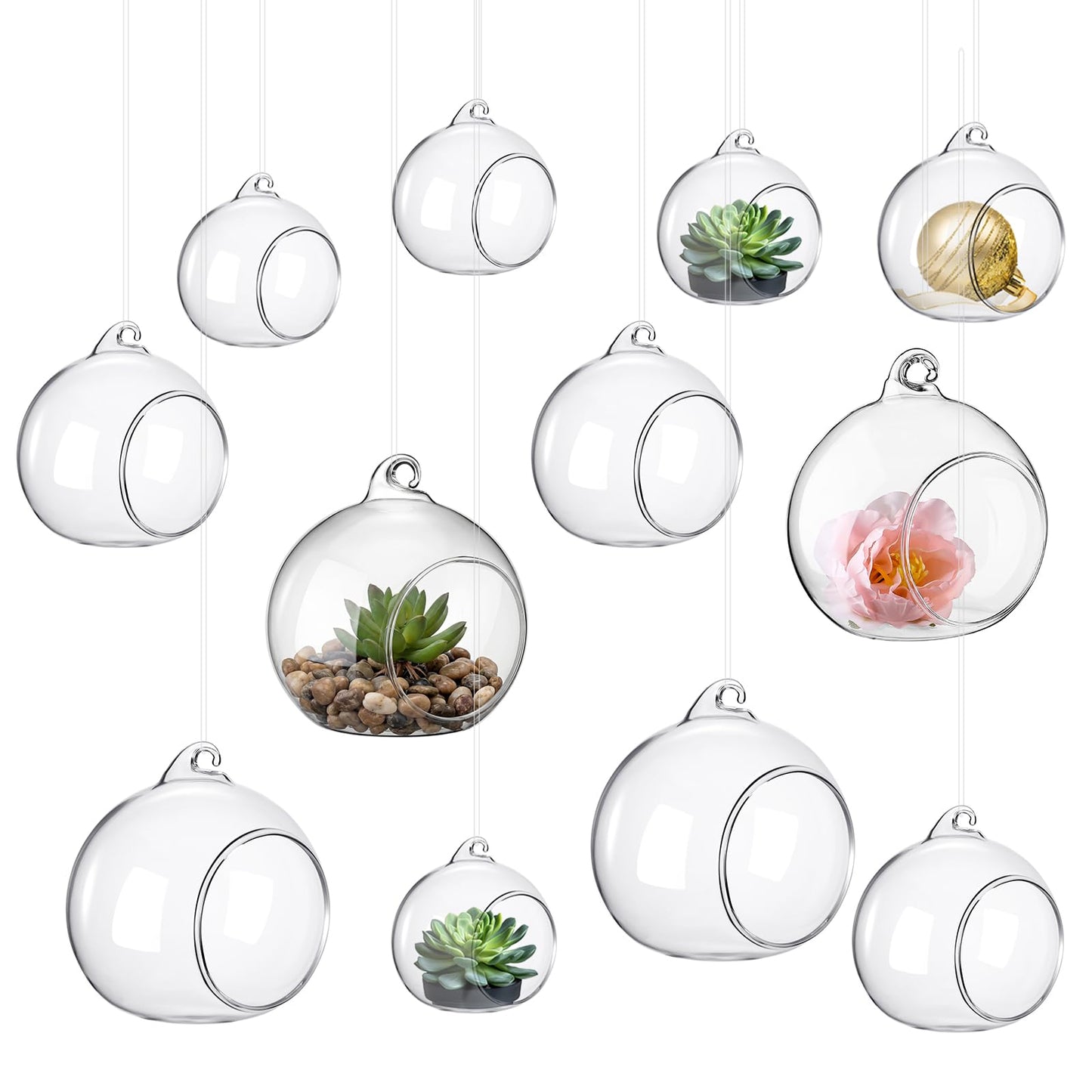 GlikCeil 24 Pcs 5.3'' 3.9'' 3.15'' Hanging Glass Tealights Candle Holder Large Globes Fillable Plant Clear Terrarium Orbs Air Plants Holder with Fishing Line Wedding Centerpiece Tree Decor