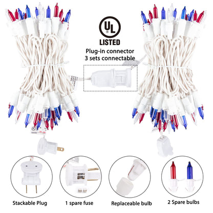 Minetom String Lights - 200 Count Waterproof Indoor Outdoor Mini Lights - 50 Feet Red White and Blue for 4th July Decoration