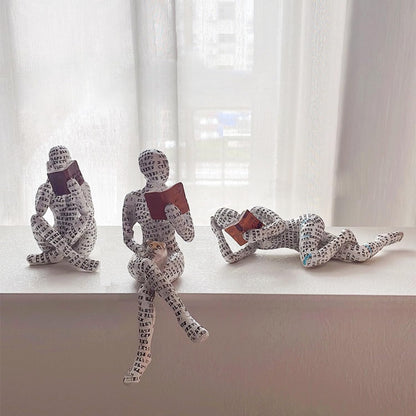inheming Reading Figurine Bookshelf Decor, Creative Abstract Thinker Statue, Home Office Modern Shelf Desk Book Decoration