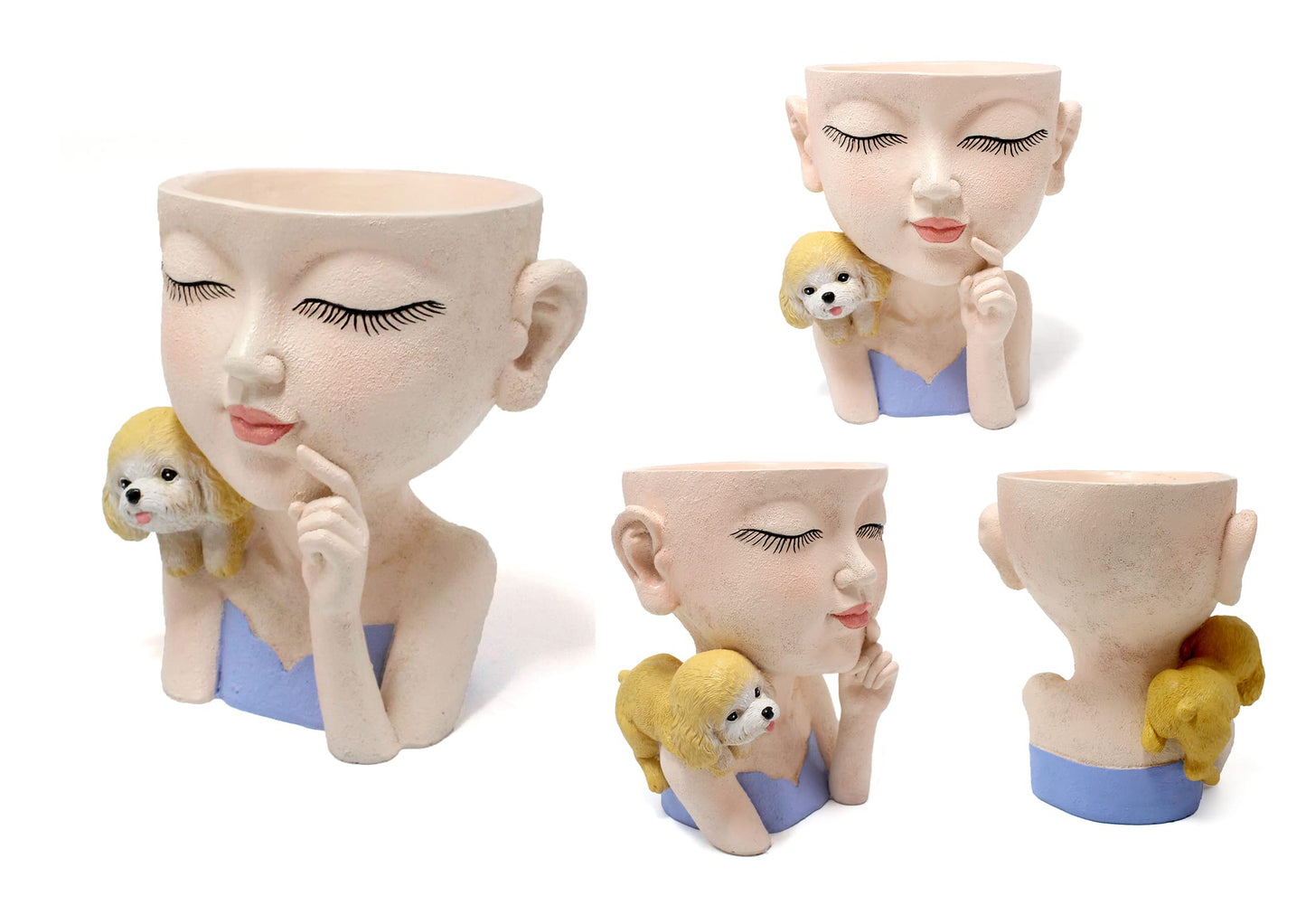 KOCNYDEY Face Flower Pot Cute Girl and Dog Planter Resin Lady face Head Planter Pot Closed Eyes Planter Pot with Drainage Hole Succulent Planter Pot for Plants Flower Cactus Garden Indoor Outdoor