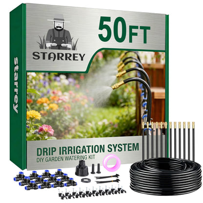 Starrey Drip Irrigation System, 2026-Upgrade 50Ft 1/4" Garden Watering System with 12 Pcs 360° Adjustable Copper Nozzles, DIY Kit for Garden, Lawn, Greenhouse, Raised Beds & Outdoor Plants
