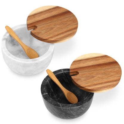 HESHIBI Salt Cellar Box with Lid & Spoon, Modern White Stone Salt or Pepper Sugar Spice Seasoning Bowl Container Jar Holder Well Keeper Dish Pig Crock for Kitchen (Marble Bowl Set)
