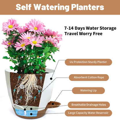 LIFFY Plant Pots, 8,7.5,7,6.5,6,5.5,5 Inch Plastic Self Watering Planters with Drainage Holes & Saucers, 7-Pack White Nursery Planting Pot with Deep Reservoir for Indoor Outdoor Plants