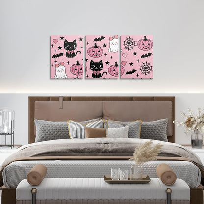 jejeloiu Halloween Decor Kids Canvas Wall Art for Living Room Bedroom Cartoon Ghost Picture Wall Decor for Bathroom Black Cat Boys Girls Artwork Posters Pumpkins Painting 12"x16"x 3Pcs